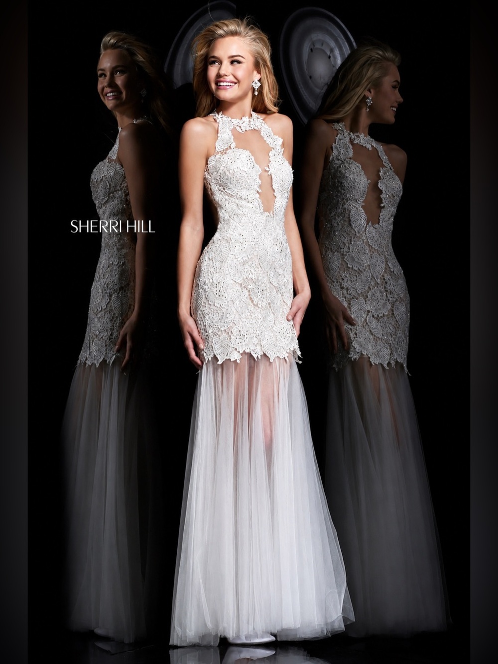 🤍✨ SHERRI HILL #9711 Ivory Cream/White Lace Illusion Cut Out Mermaid Dress Gown